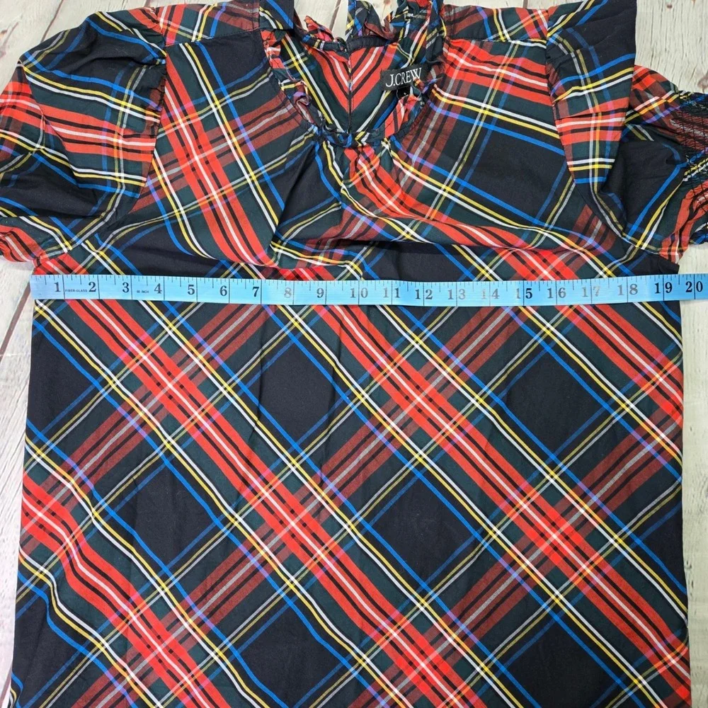 J. Crew Womens BN162 Tartan Plaid Ruffle Neck Puff Sleeve Cotton Top Small
